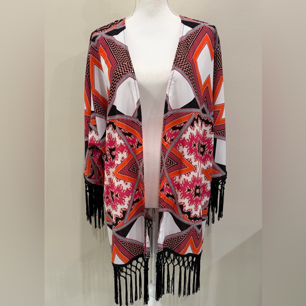 Bisou Bisou Kimono Swimsuit Cover W/ Fringe Pink Orange Black Aztec Print Size L
